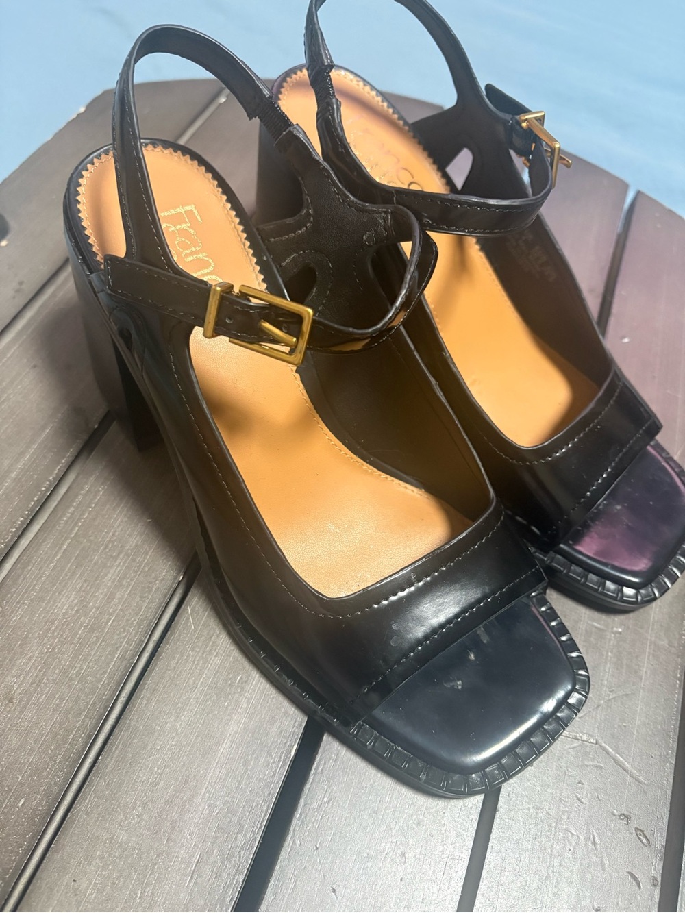 Black Patent Square-Toe Slingback Heels with Gold Buckle